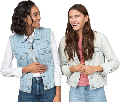 girls smiling in blue jacket