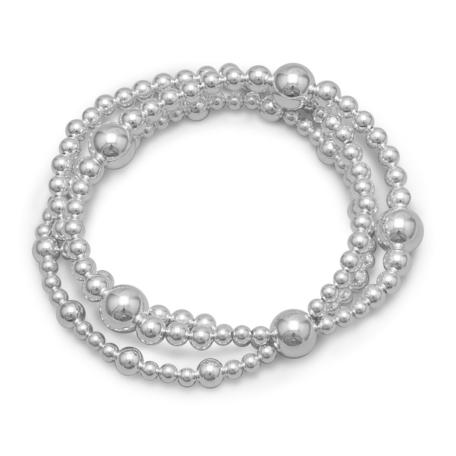 Three Strand Stacked Bead Stretch Bracelet Sterling Silver
