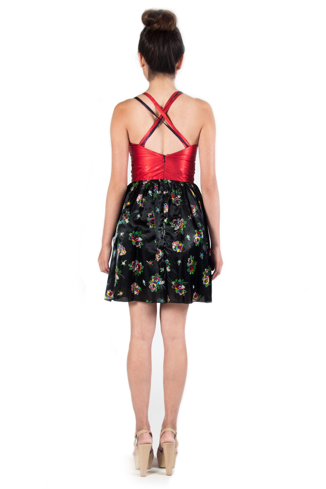 Red and Black with Multicolored Floral Cocktail Dress 95% off