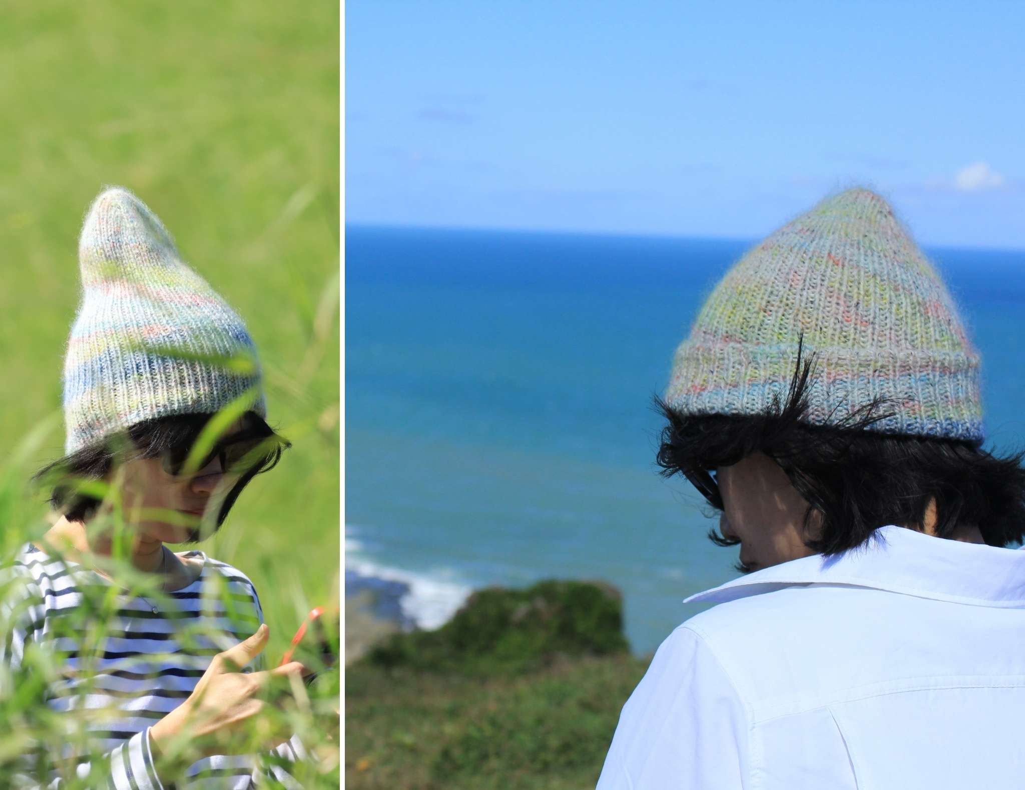 collage of 2 photos of the same person sitting on a grassy cliff overlooking the sea wearing a softly variegated hat in grey and pastel colours. In one picture they have the brim unturned with the crown sticking up above their head, and in the other the brim is folded.