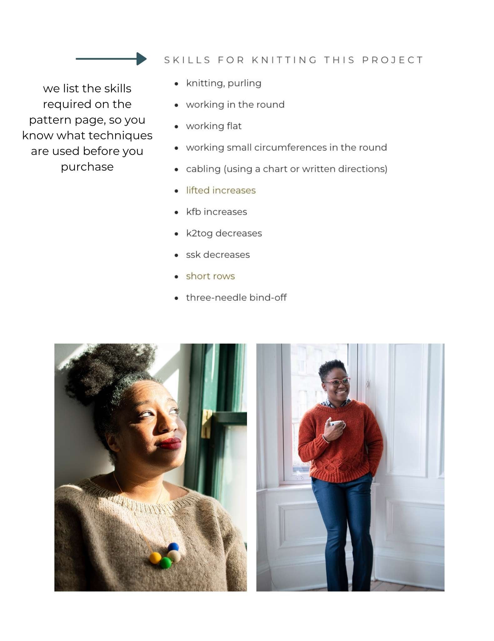 a screenshot showing the skills needed to complete a knitting pattern, and underneath two images of black women wearing the sweater design. One is looking out of a window wearing a pale neutral sweater and chunky necklace, the other stands next to a window wearing an orange sweater. 