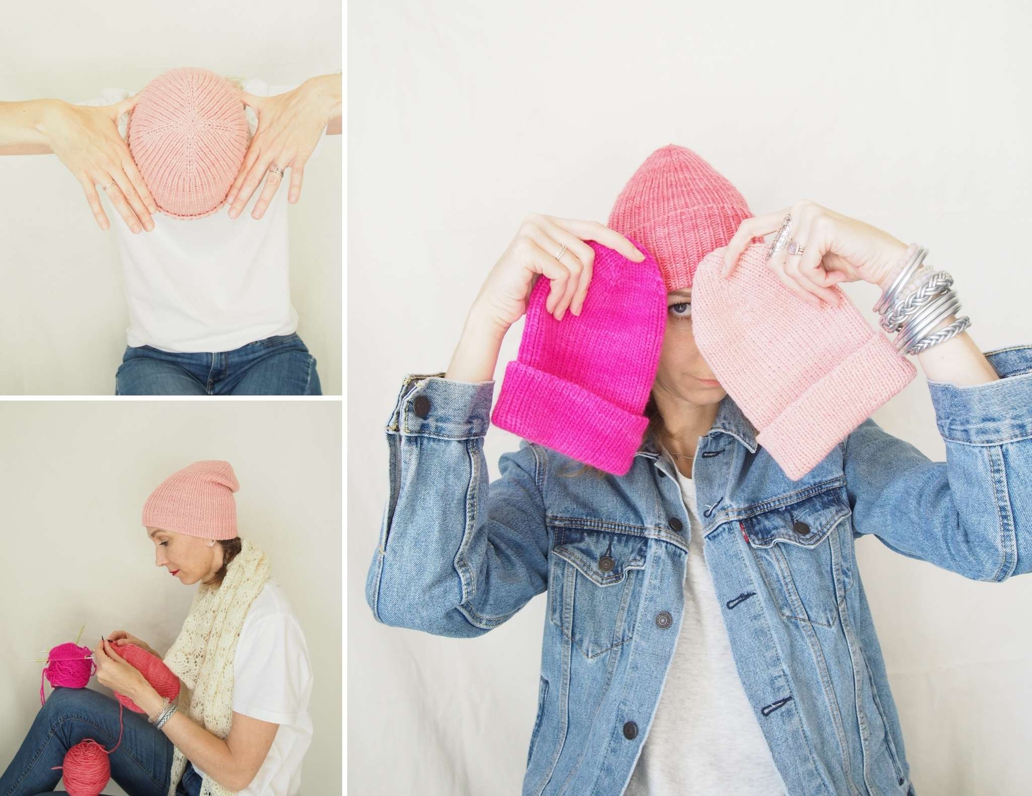 A collage of 3 images of the same person wearing and knitting the 3 pink hats pictured above.