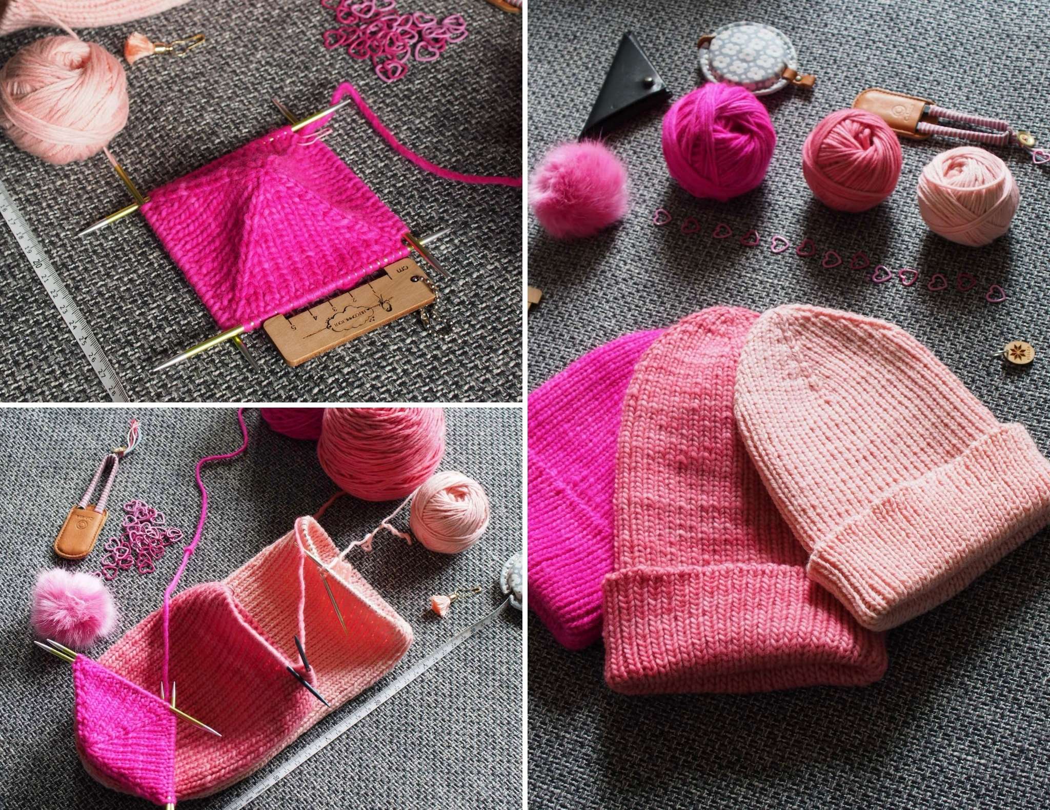 A collage of images of 3 pink hats pictured together with varying amounts of progress worked. Pom poms and tools are shown around them.