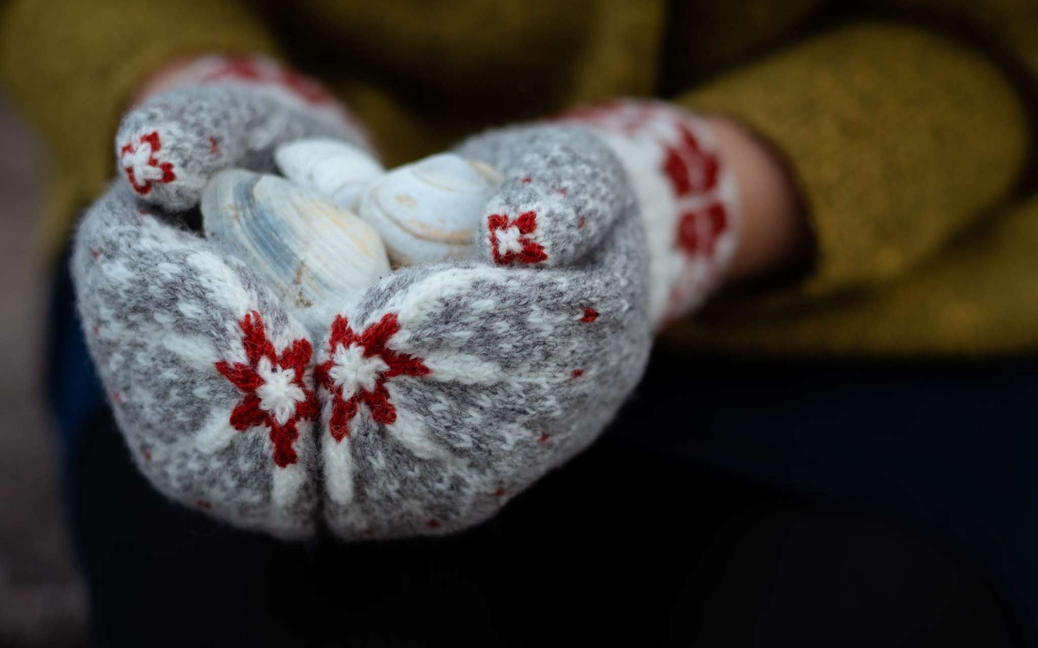 Two hands wearing grey, white and red colourwork mittens are clasped together holding a pale grey stone.