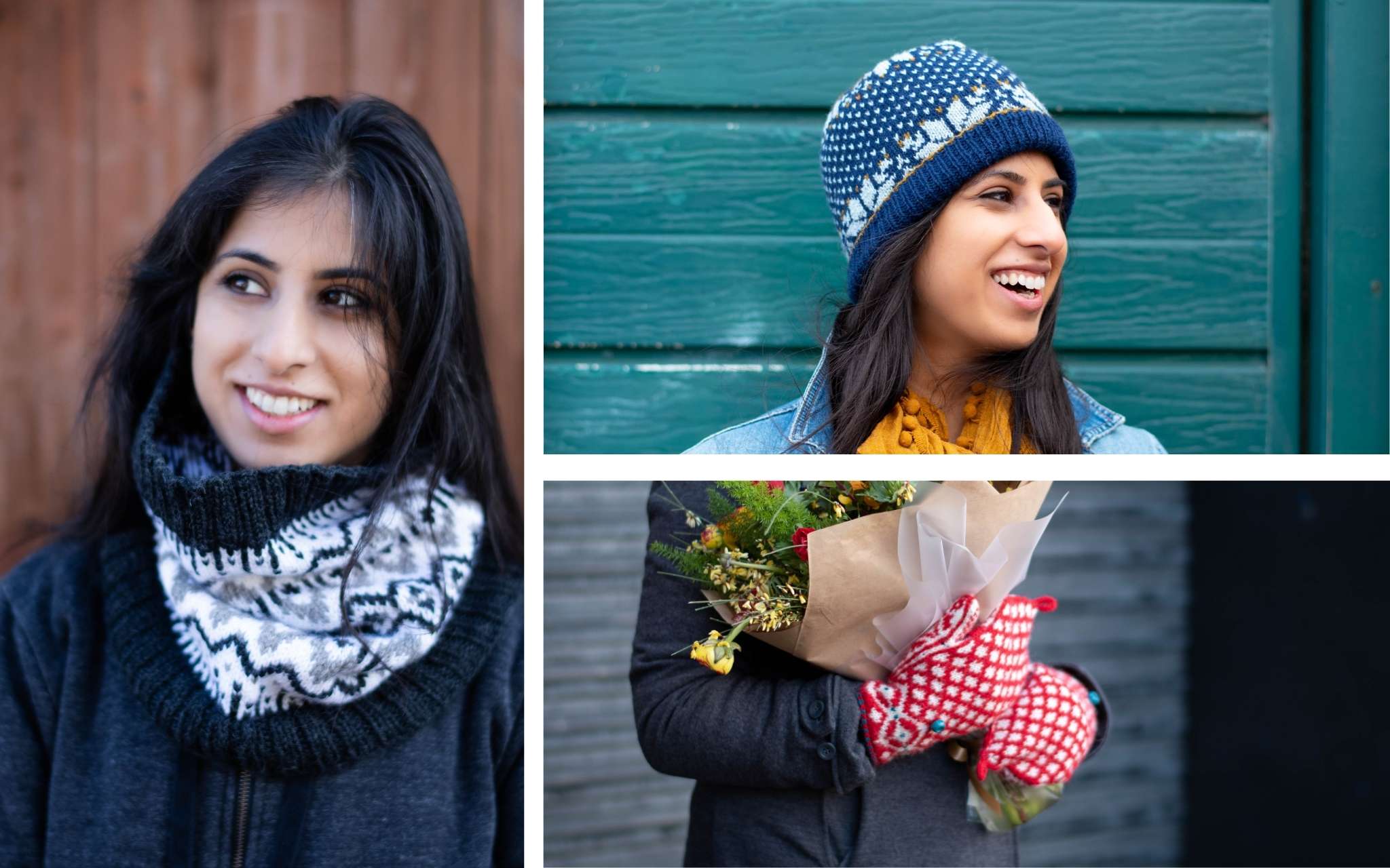 an image showing a woman with dark hair wearing a cowl in grey, black and white, and image of a woman with dark hair wearing a dark blue and yellow hat and a pair of hands wearing red and white mittens, holding a bunch of flowers