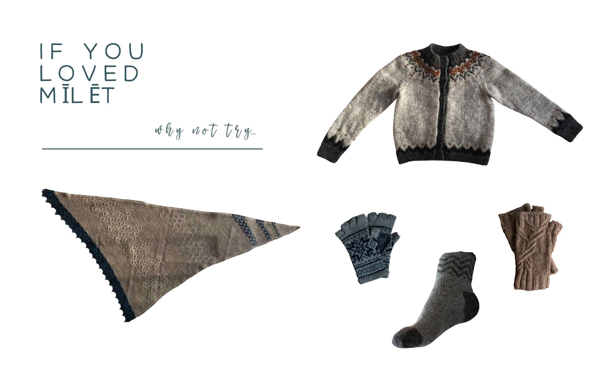 Images of a shawl, cardigan, socks and mittens laid flat on a white background.