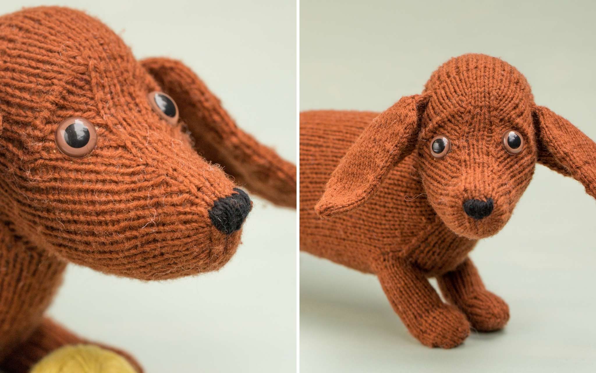 two images of a knitted toy sausage dog with wrinkled eyebrows