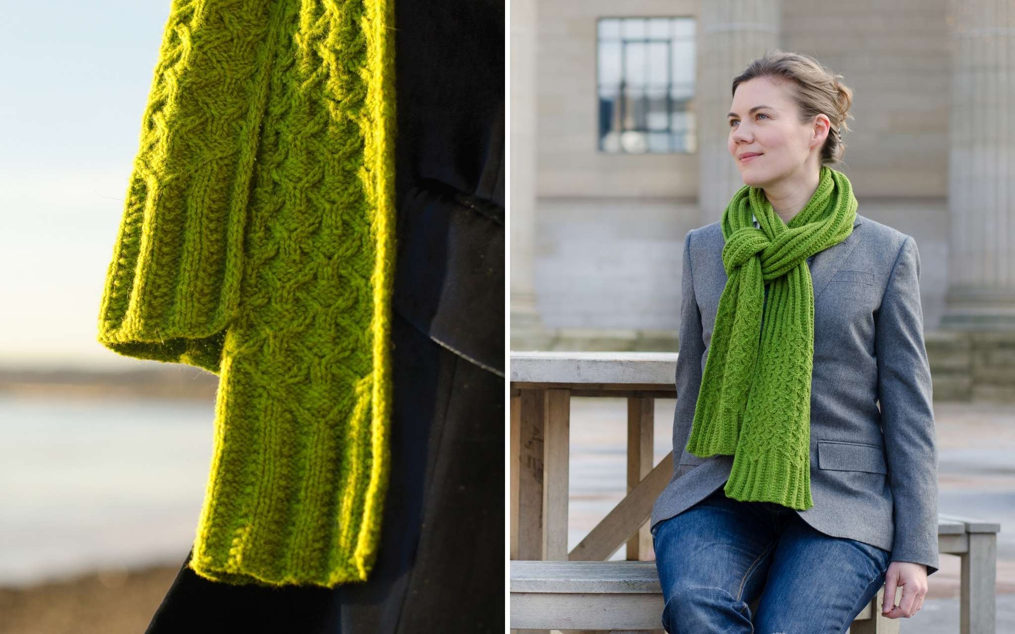two photos of a white woman wearing a blazer and a green cabled scarf. The scarf has a textured rib pattern with a geometric cable pattern at both ends