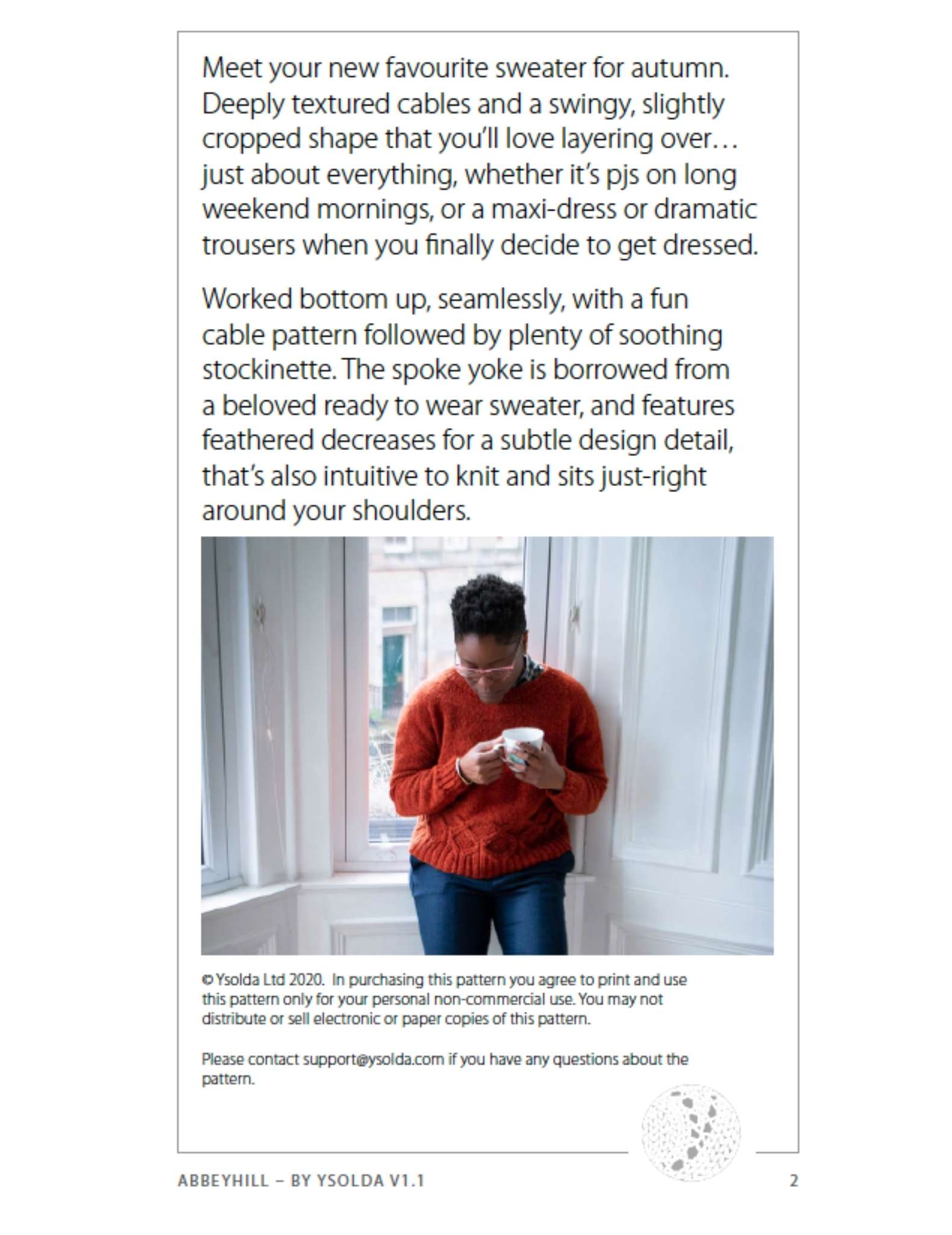 example of a mobile layout of a knitting pattern page with large black text at the top and an image of a black woman wearing an orange sweater underneath