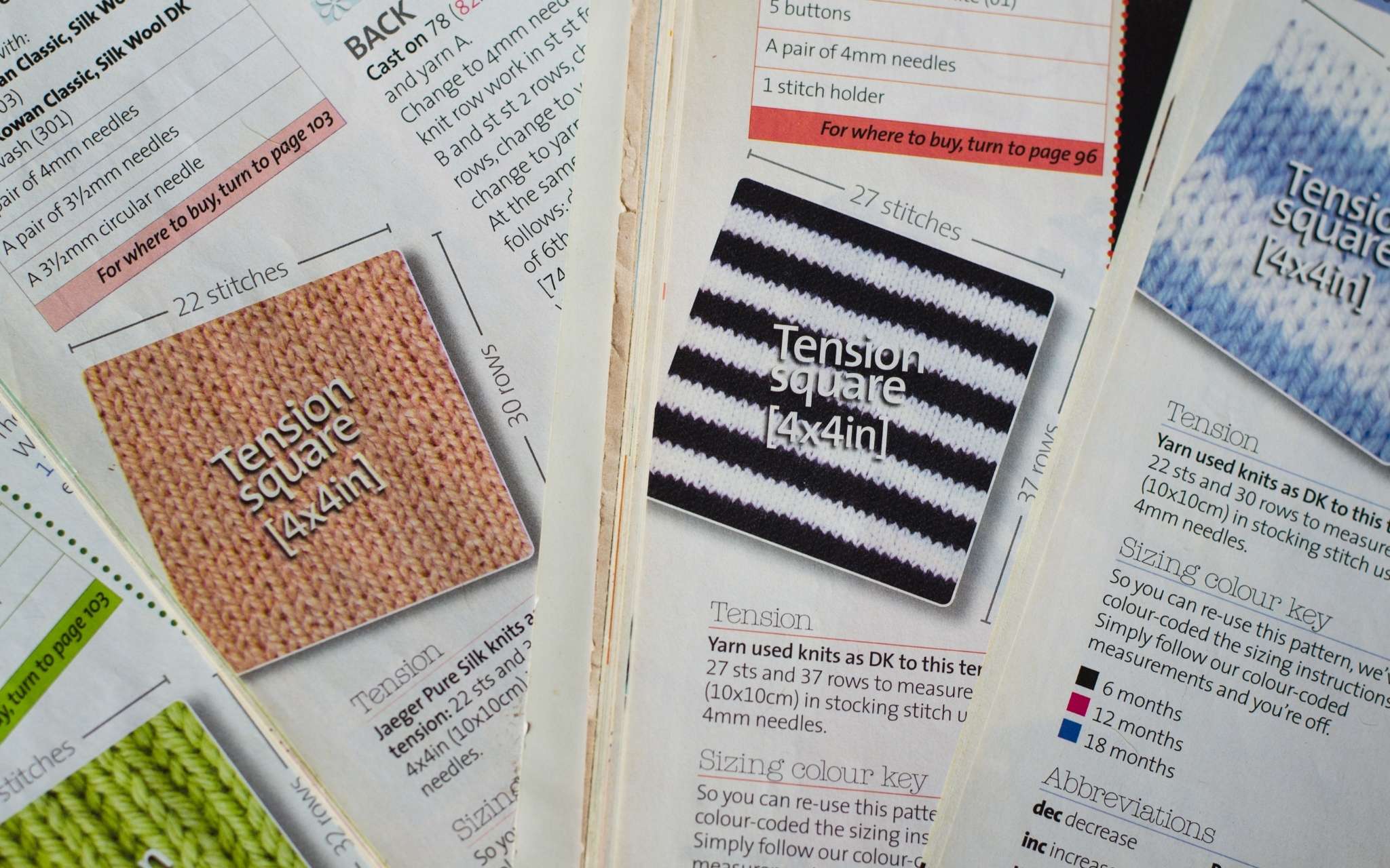 Pages from knitting magazines showing the gauge directions for different patterns.