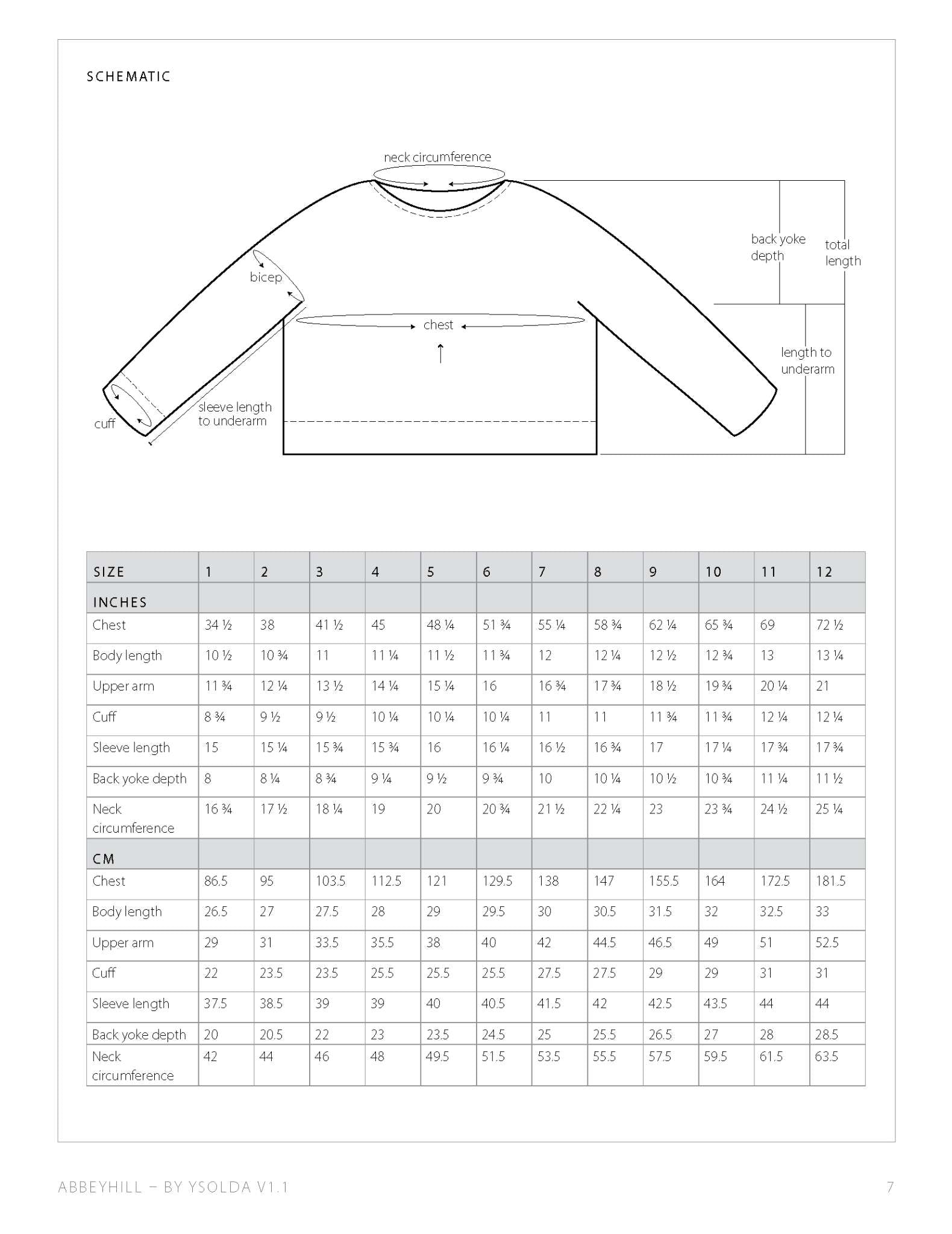 a screenshot of a sweater schematic, with arrows to show the measurement points taken, and a table of measurements for each size