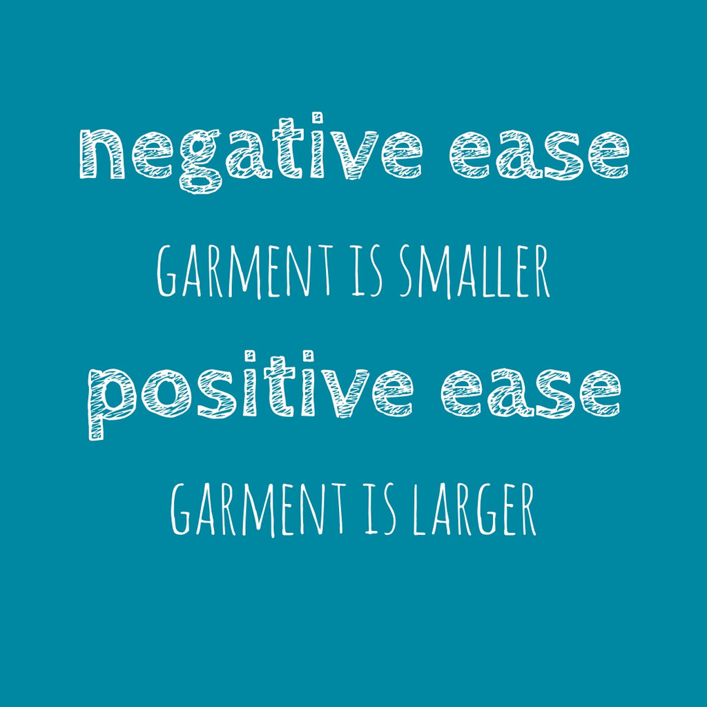 graphic with text: negative ease, garment is smaller, positive ease, garment is larger