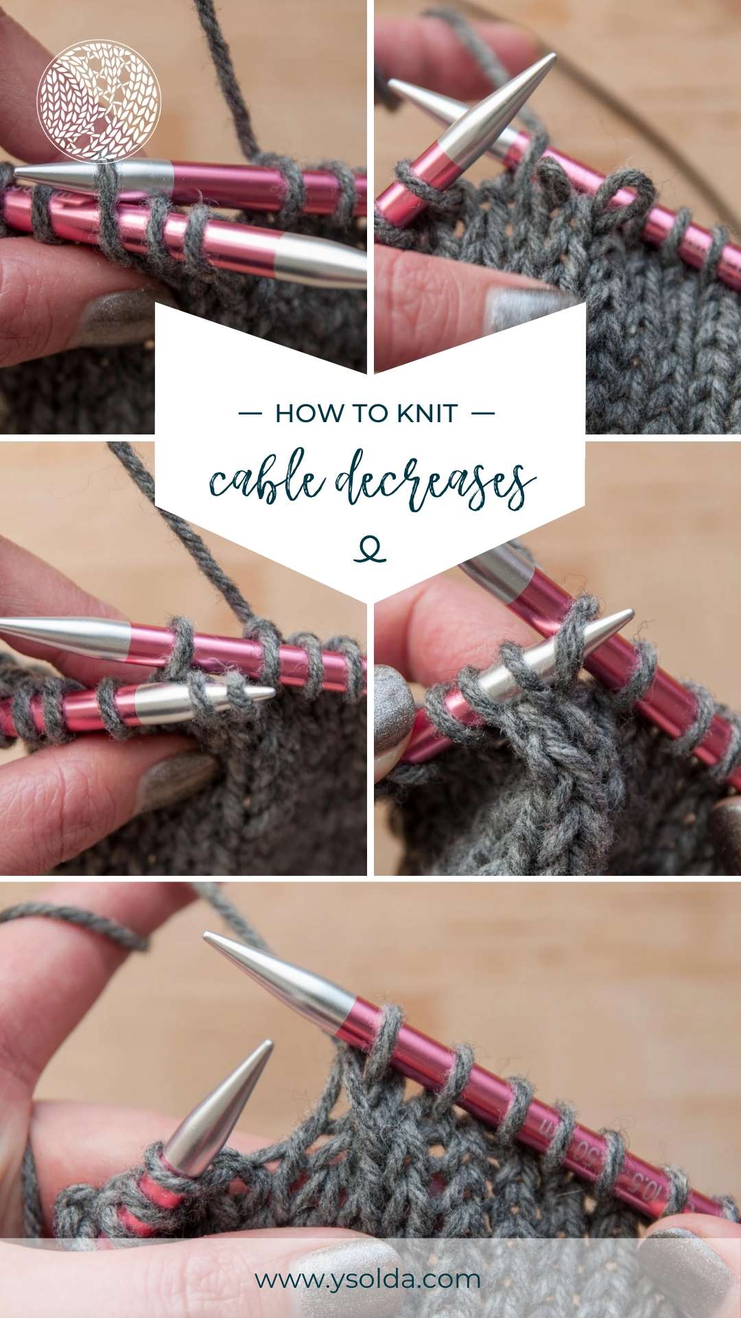 graphic with 5 thumbnail images of cable decreases being worked and the test "how to knit cable decreases"