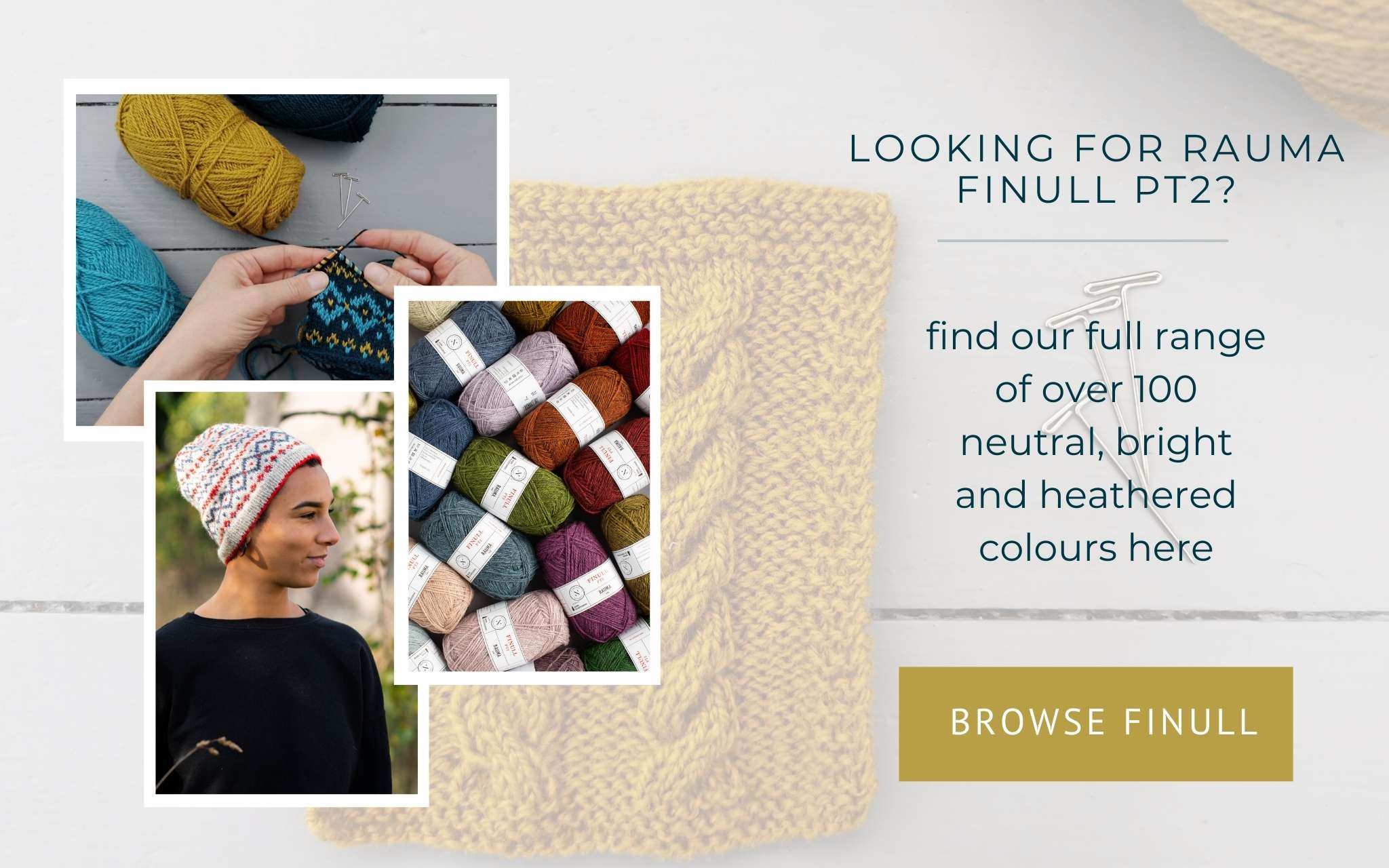 image of hands knitting a swatch, yarn tightly piled together and a model wearing a colourwork hat