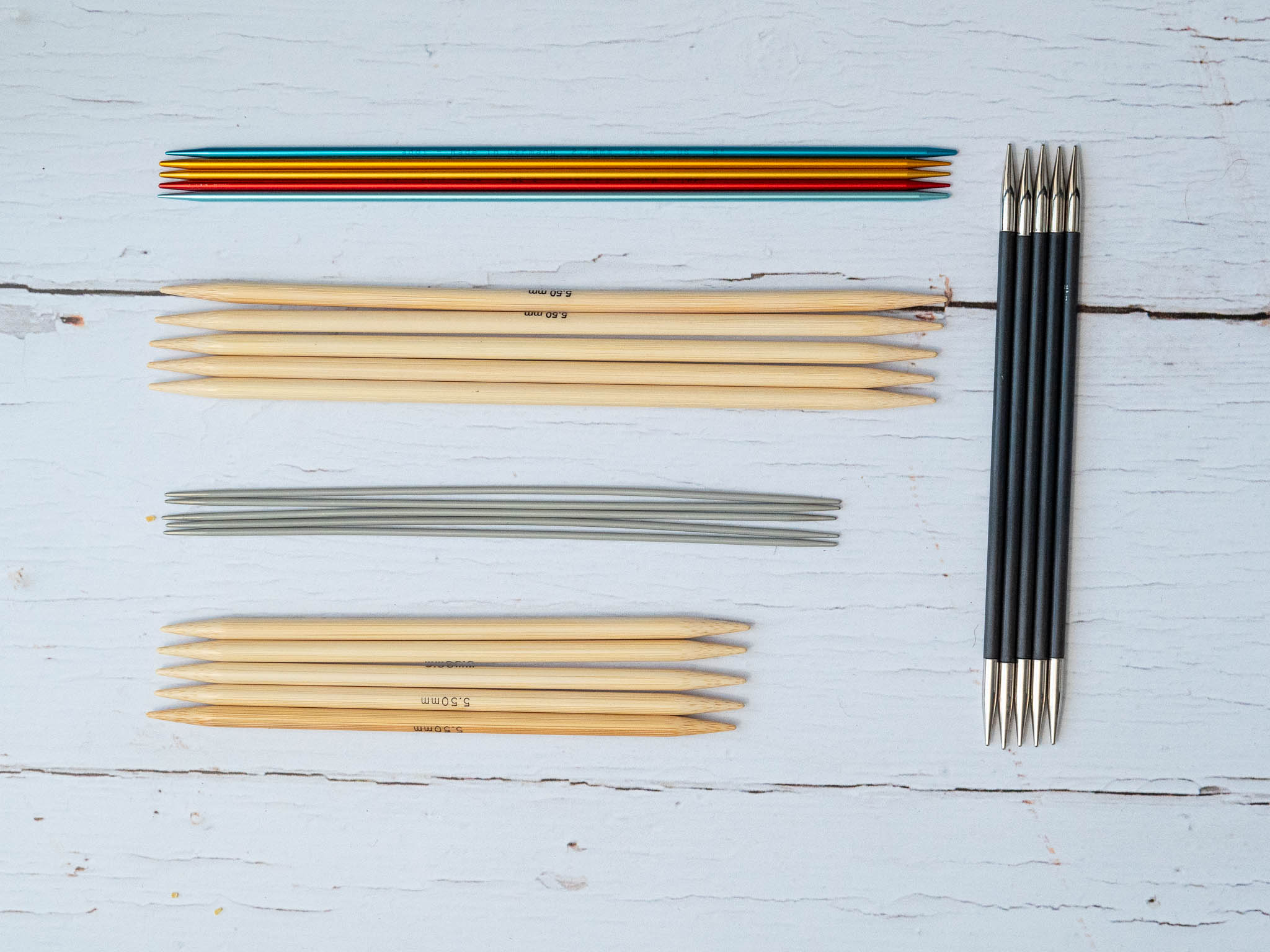 a variety of double pointed needles in different lengths and materials