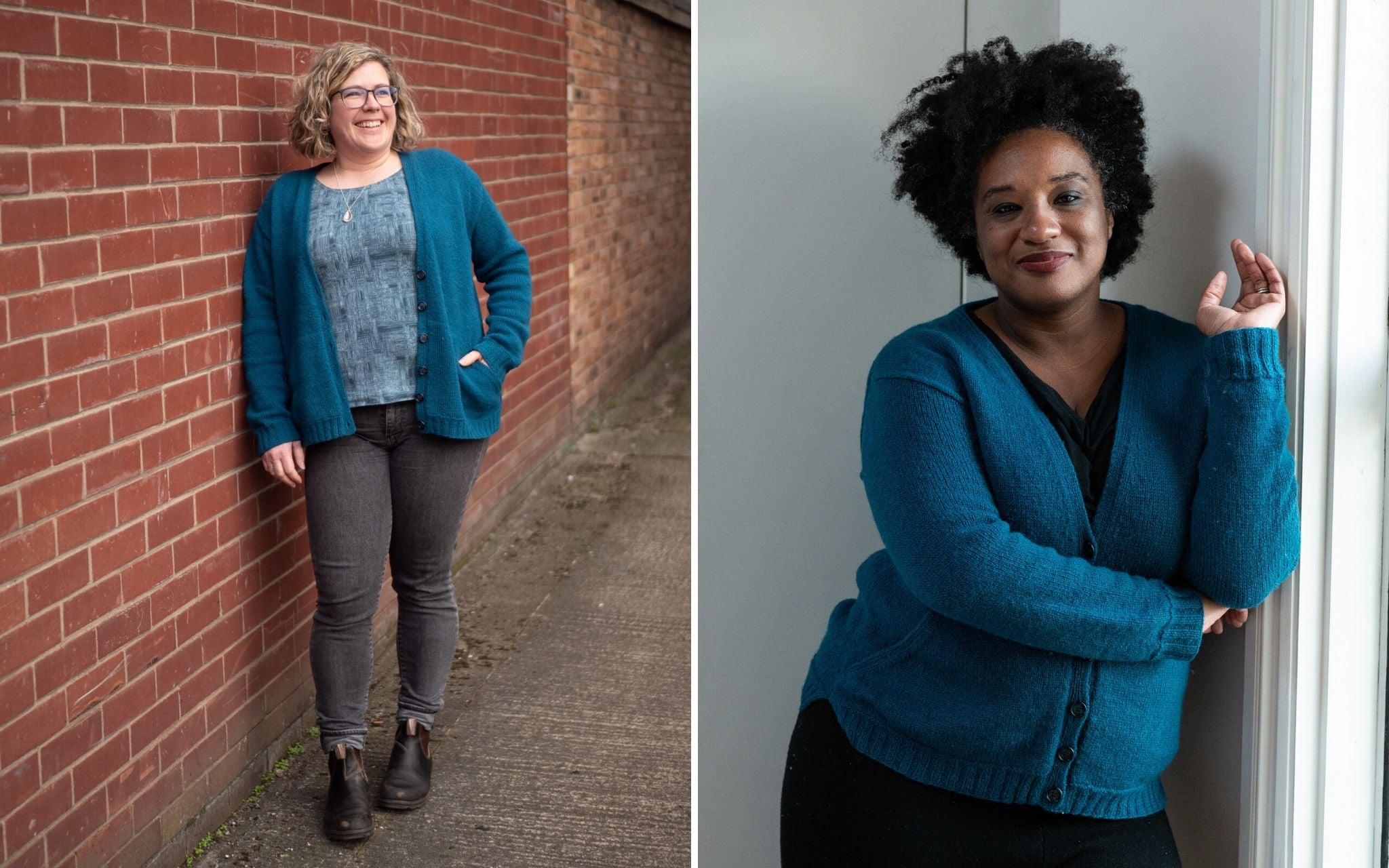 Two images. Image on left a white woman leans against a brick wall, she's got blond chin length curly hair and glasses. She's wearing dark grey jeans, a tshirt, and a blue cardigan open it has pockets. Image on the right a black woman with an afro leans against a wall wearing the same cardigan over a black t-shirt.