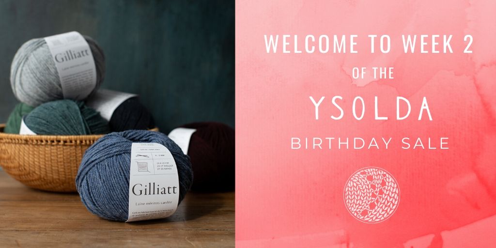 Left image: over flowing basket of balls of yarn, Right image: peachy pink background with white text "welcome to week 2 of the Ysolda birthday sale'