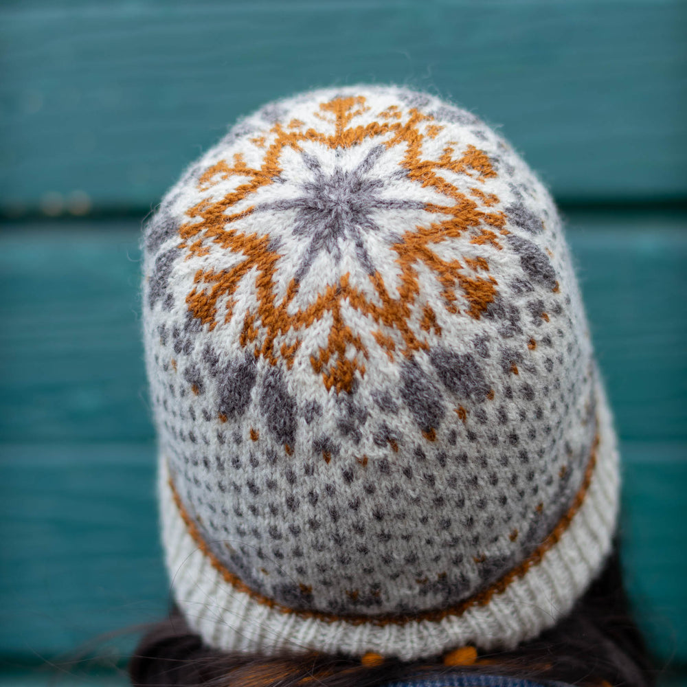 A person with dark hair faces away from the camera, they are wearing a stranded colourwork hat with a star motif on the crown in white, grey, and gold.