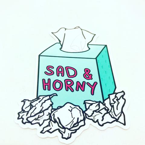 Tissue box reading "Sad & Horny"
