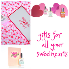 Collage with three images; top left, mini heart background with a bottle of Belle perfume next to a box that says sending you love. Bottom left, whte background with a card that says Besties and a bottle of Kiele Perfume and top right, white background with four pink hearts and bottle of Belle, Kiele, and Sunny perfumes. Bottom right says gifts for all your sweethearts in bright pink.