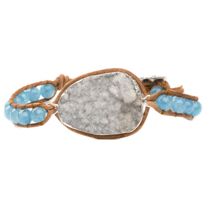 Women's bracelet with agate druzy and apatite gemstones on natural leather