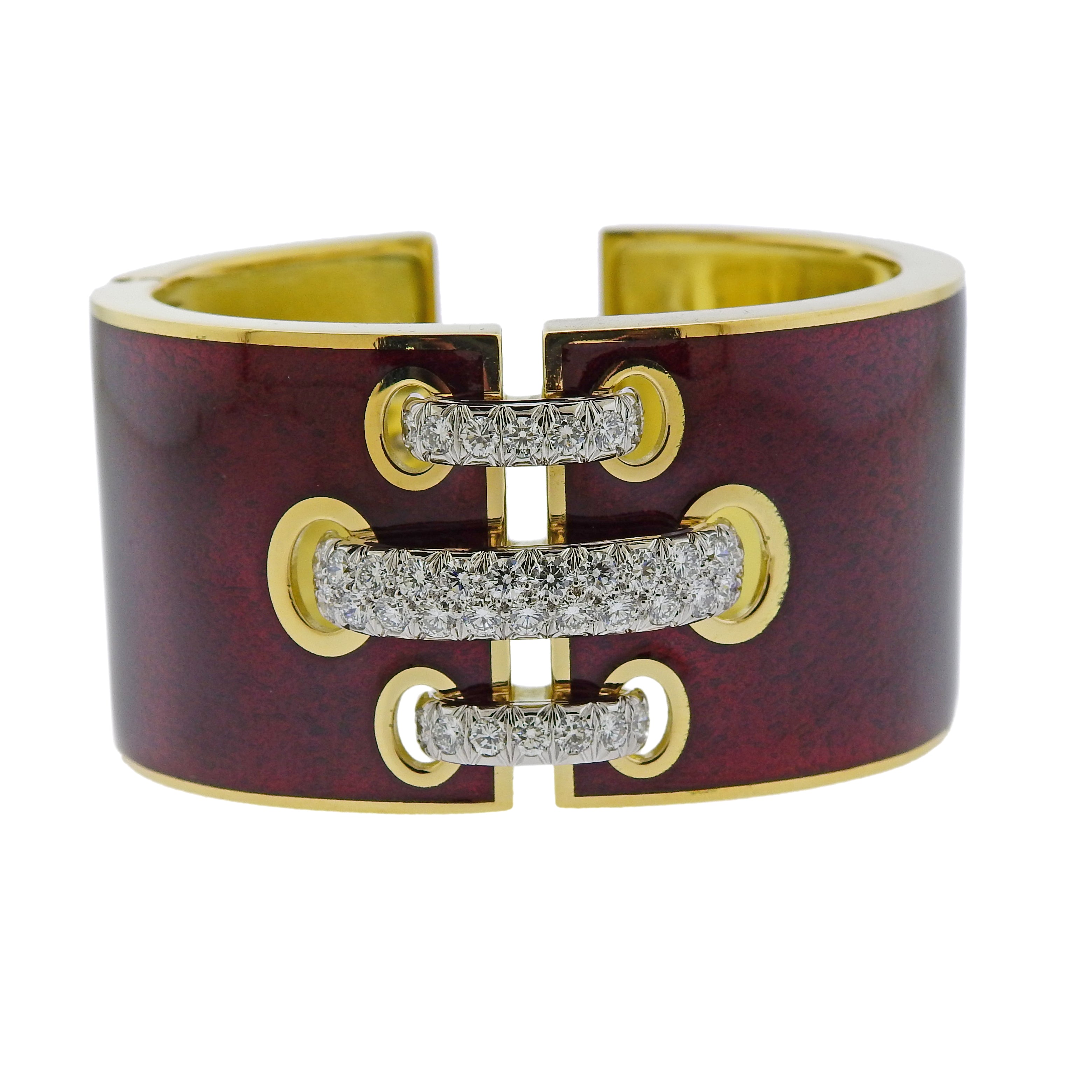 David Webb Red Enamel Diamond Gold Platinum Shoelace Cuff Bracelet ...