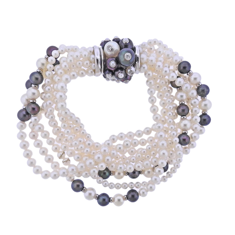 Trianon 18k White Gold Multi Strand Pearl Diamond Bracelet – Oak Gem