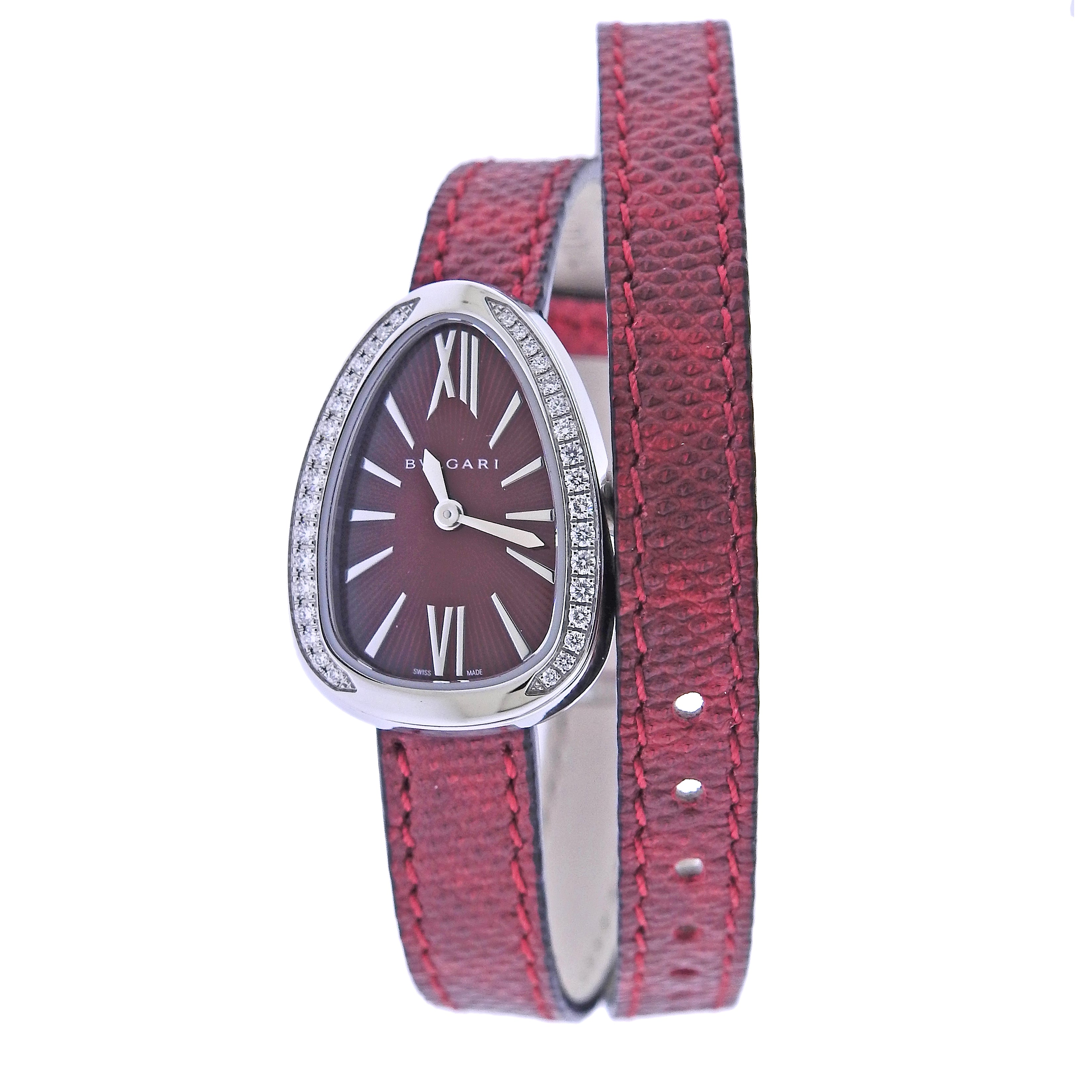 Bulgari Serpenti Diamond Steel Red Leather Wrap Bracelet Watch 1NJA8G – Oak  Gem