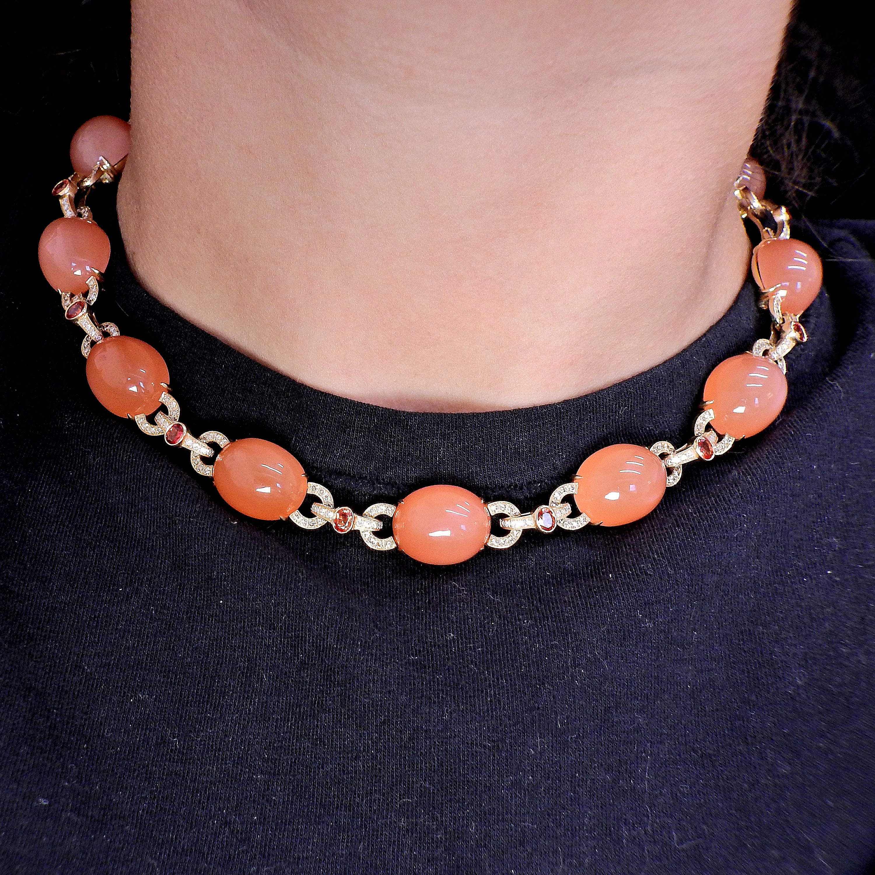 Peach Moonstone Garnet Diamond Gold Necklace Earrings Ring Set
