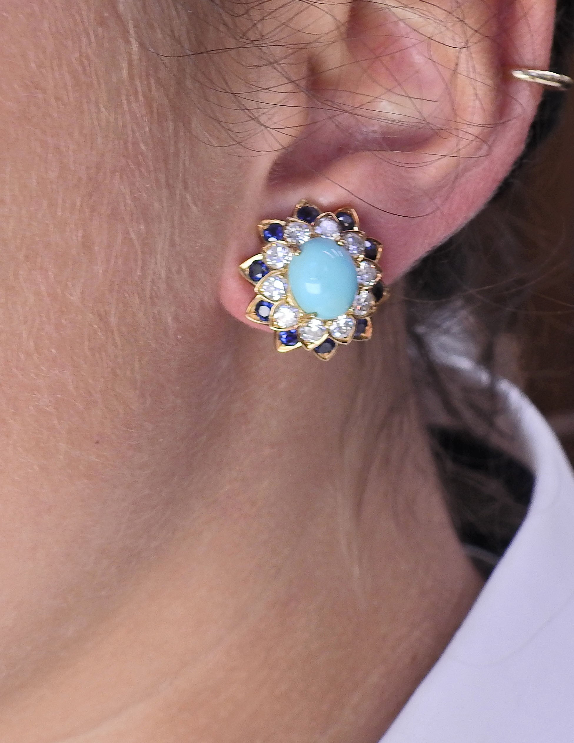 1960s Turquoise Sapphire Diamond Gold Day & Night Earrings