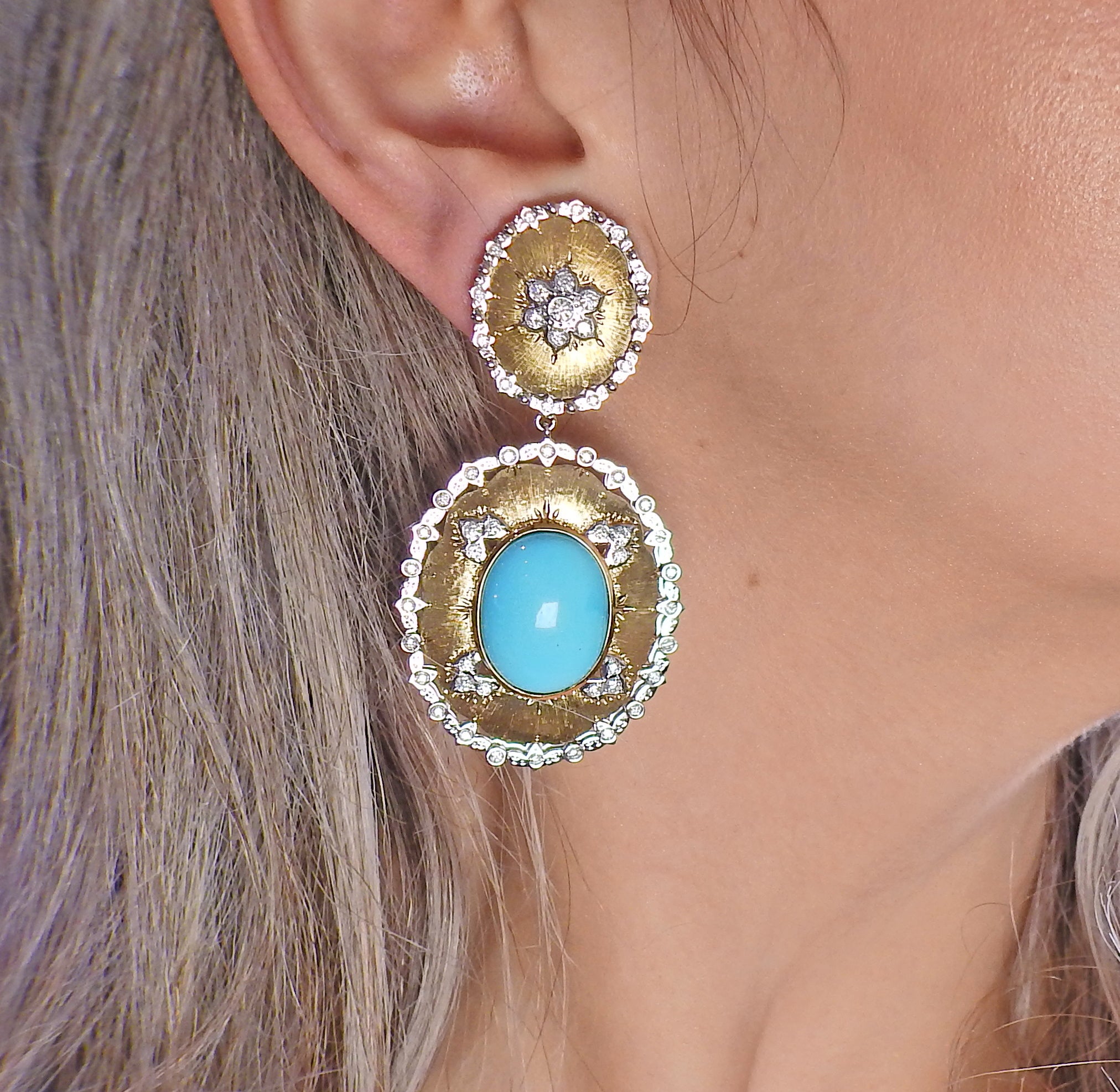 Persian Turquoise Diamond Gold Drop Earrings