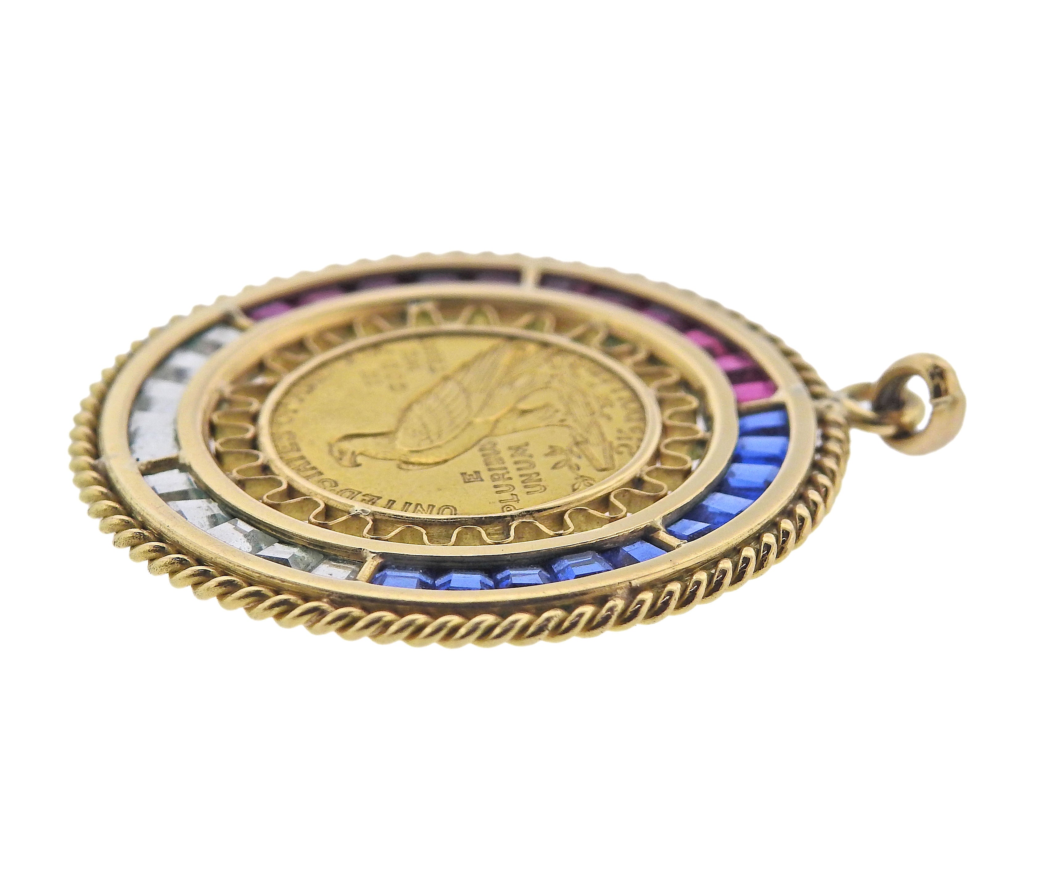 Sapphire Ruby Aquamarine Indian Head Coin Gold Pendant Charm