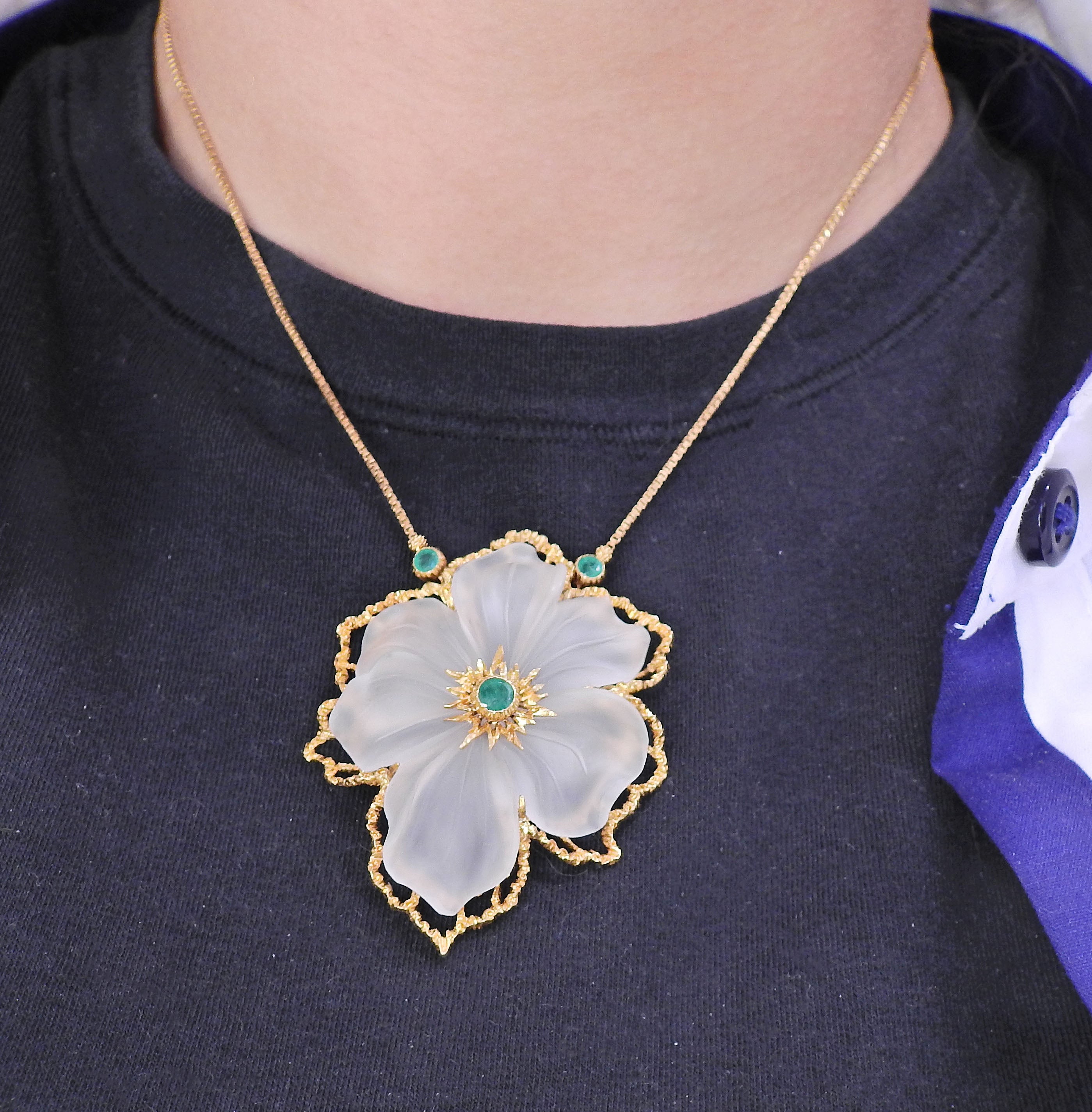 Buccellati Frosted Crystal Emerald Flower Brooch Pendant Necklace