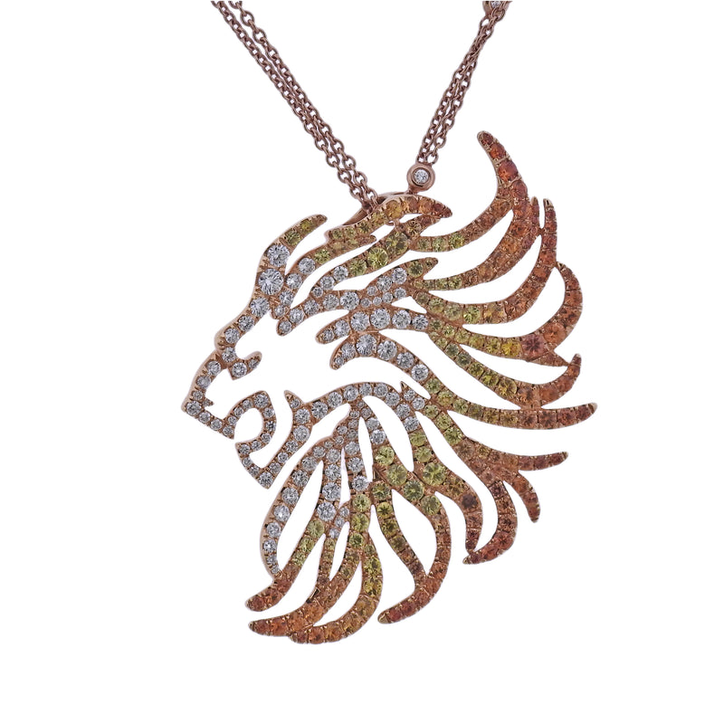 Bucherer Gold Diamond Sapphire Lion Head Pendant Necklace