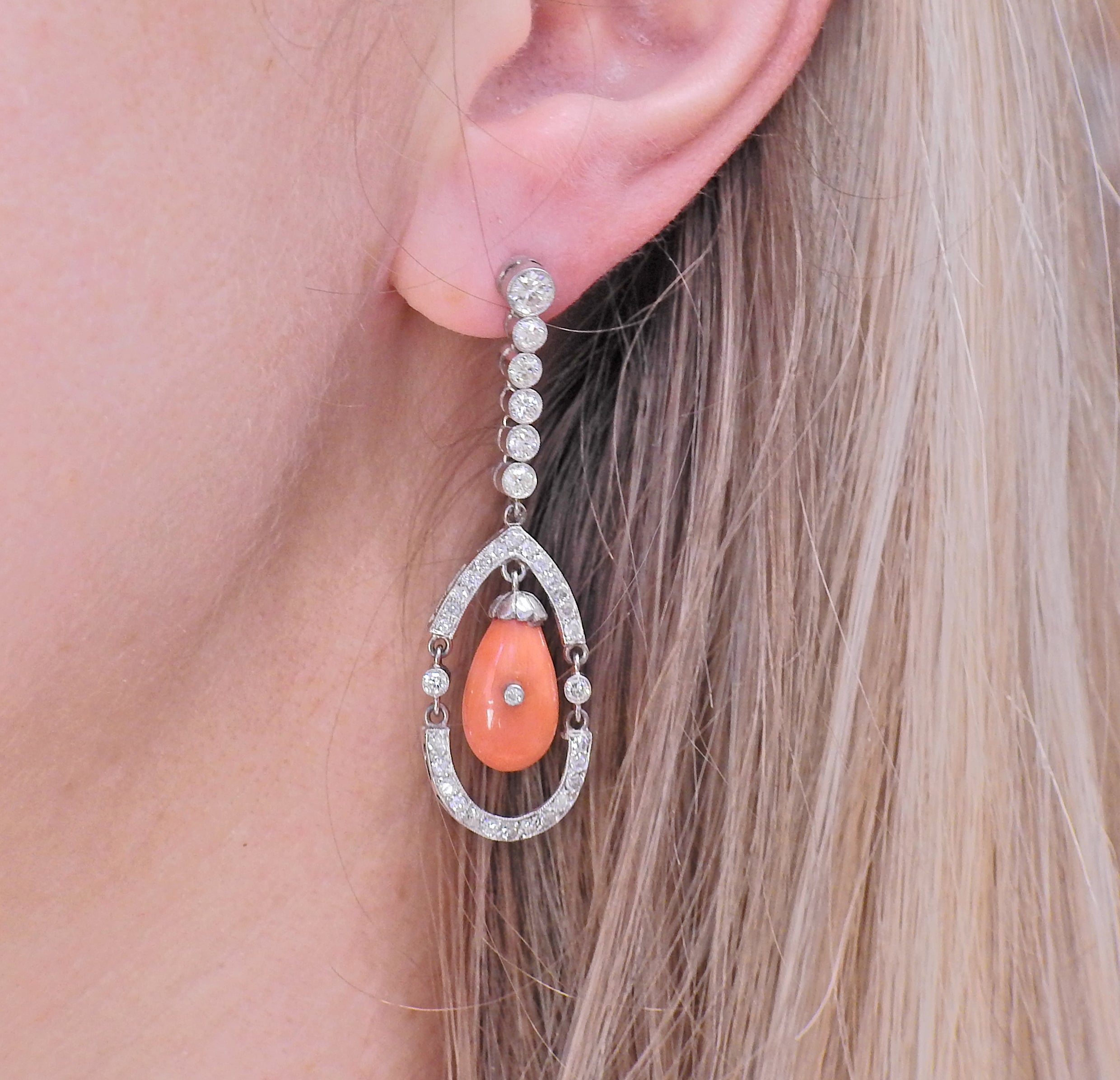 Coral Diamond Platinum Drop Earrings