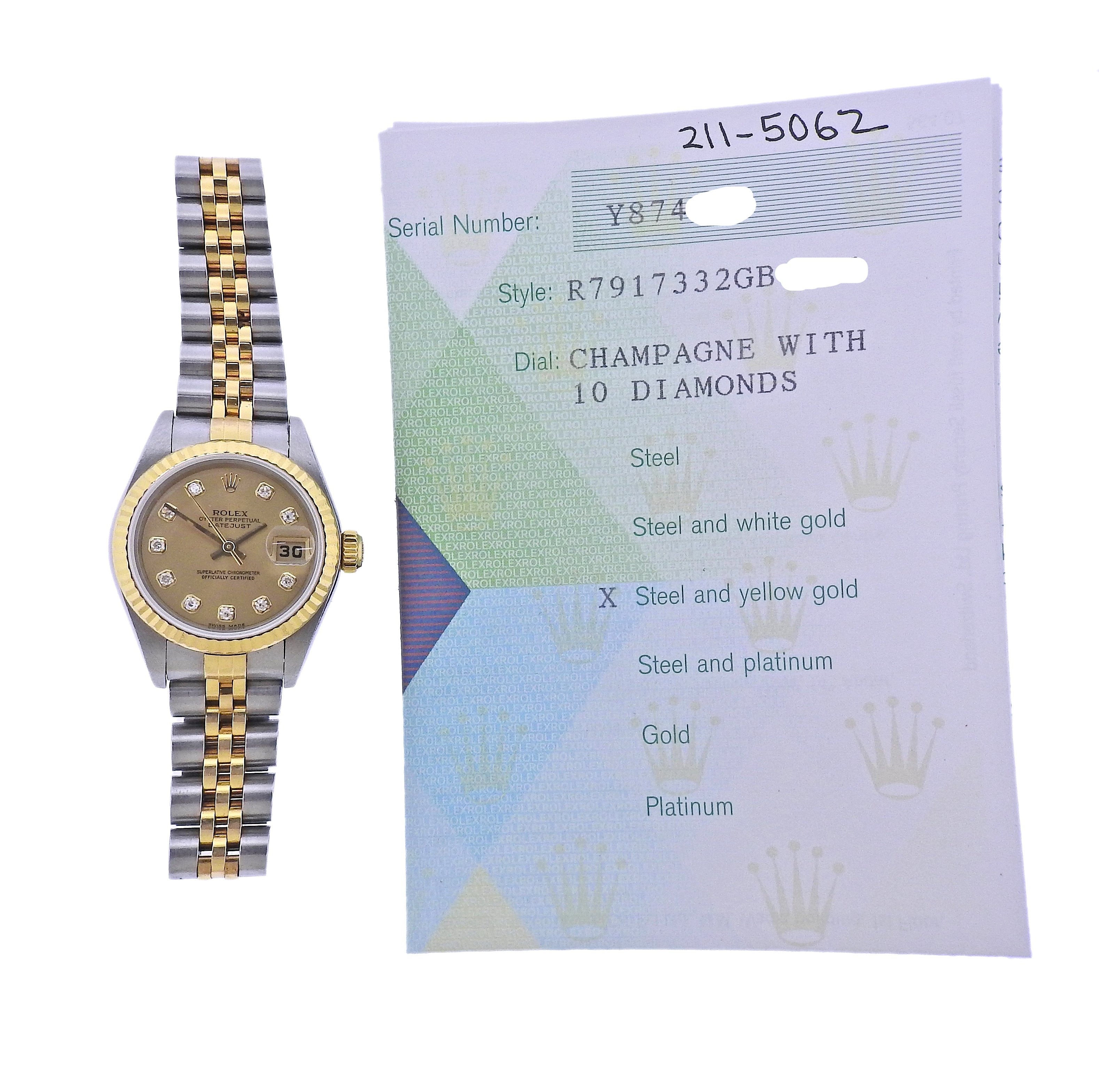 Rolex Two Tone Diamond Ladies Datejust 26mm Automatic Watch 79173