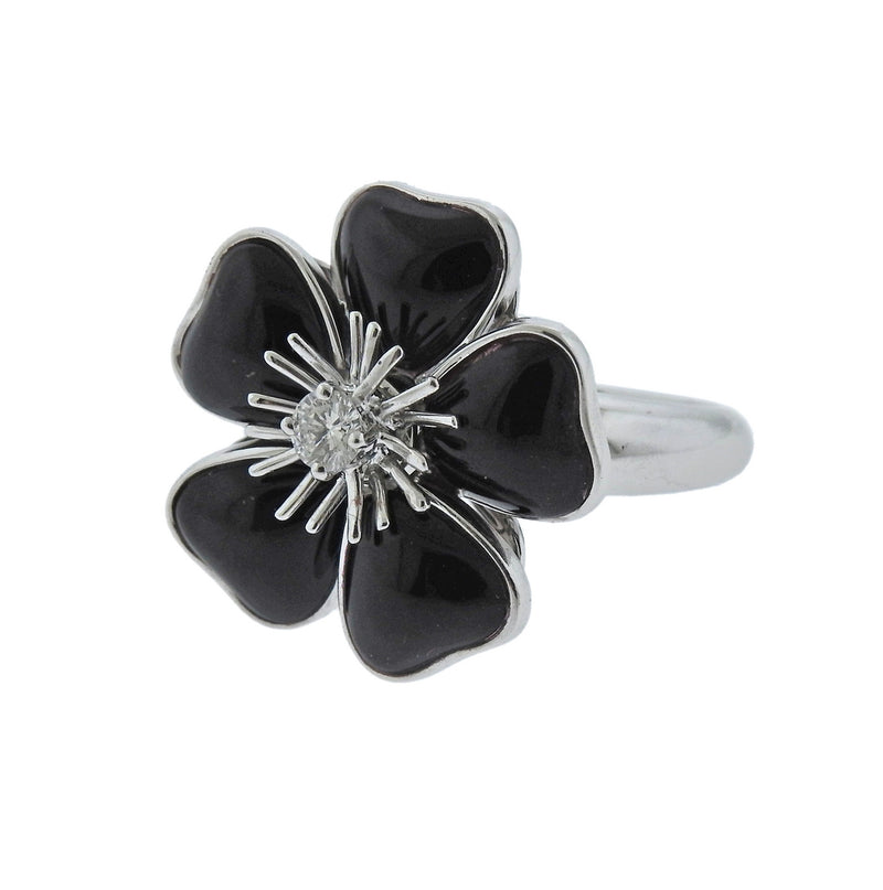 Van Cleef And Arpels Nerval Diamond Onyx Gold Flower Ring Oak Gem 