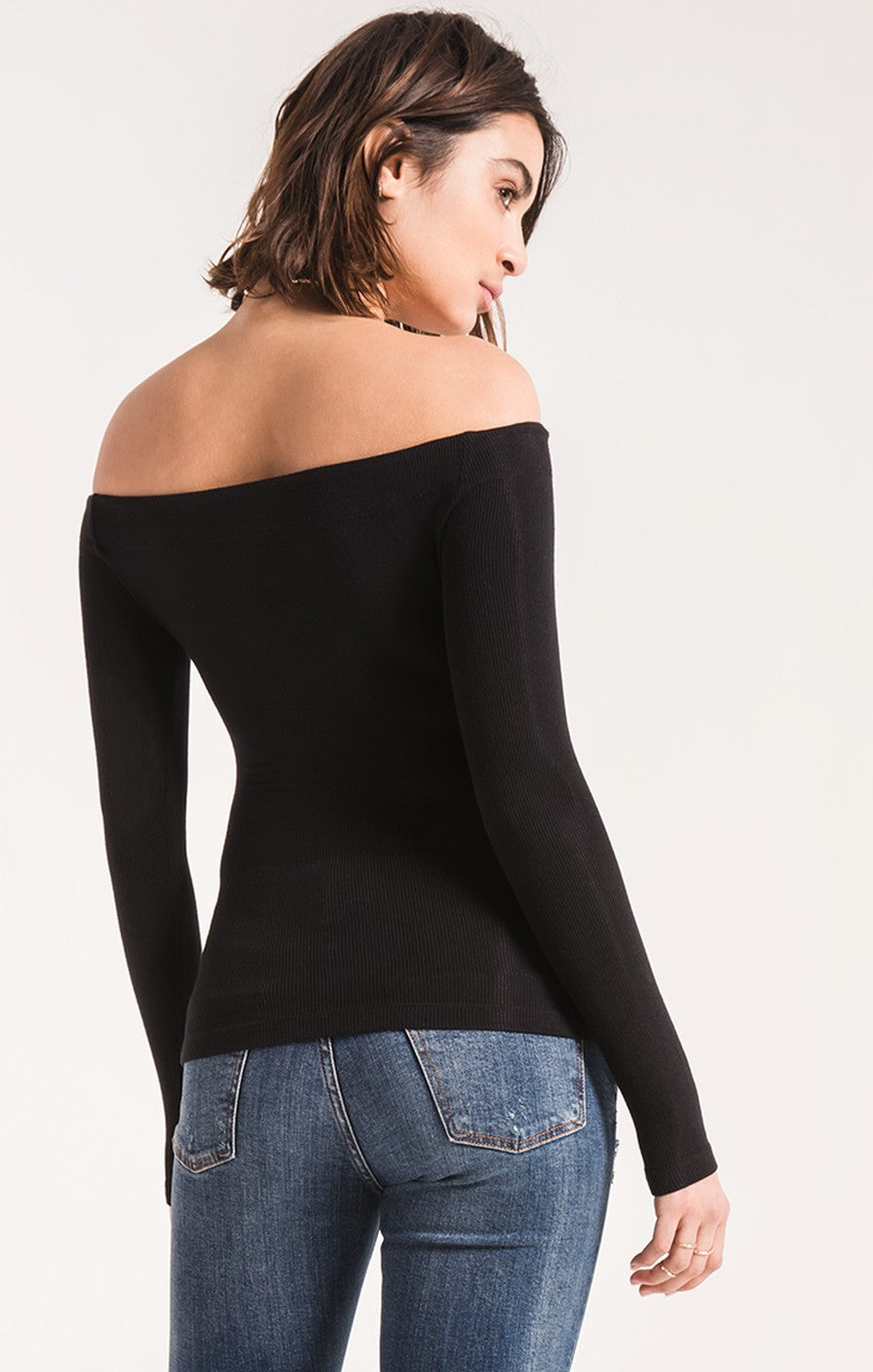 Z Supply The Long Sleeve Off The shoulder Tee -Black