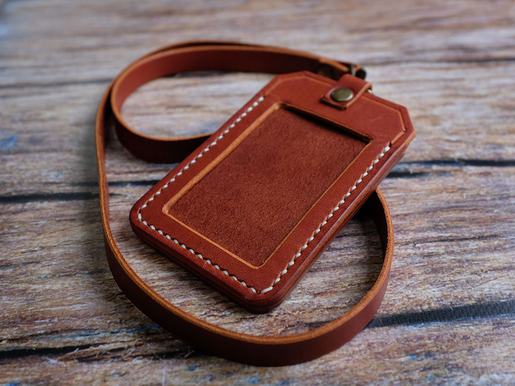 Full Grain Leather ID Badge Holder with Lanyard Distressed Brown / Vertical