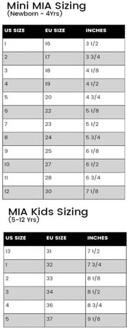 Mia Shoes Size Chart