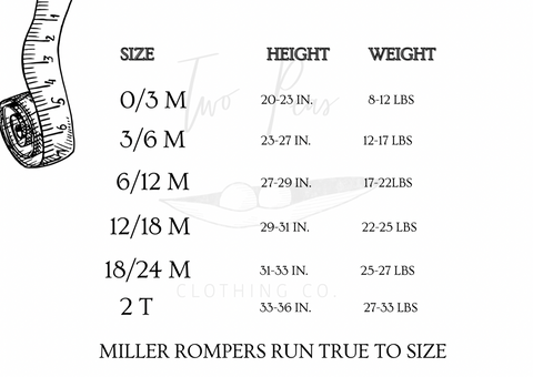 Two Peas Clothing Co Miller Romper Size Chart