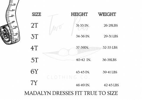 Two Peas Clothing Co Madalyn Dress Size Chart