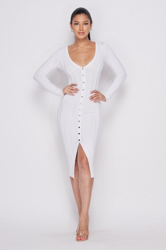 Online purple bodycon sleeve dress ribbed shape button front long white