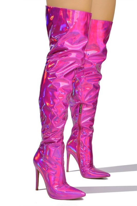 Shiny OTK Hologram Boots - Hologram Green Pink