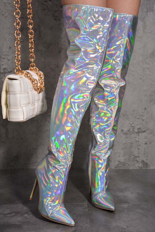 Shiny OTK Hologram Boots - Hologram Green Pink