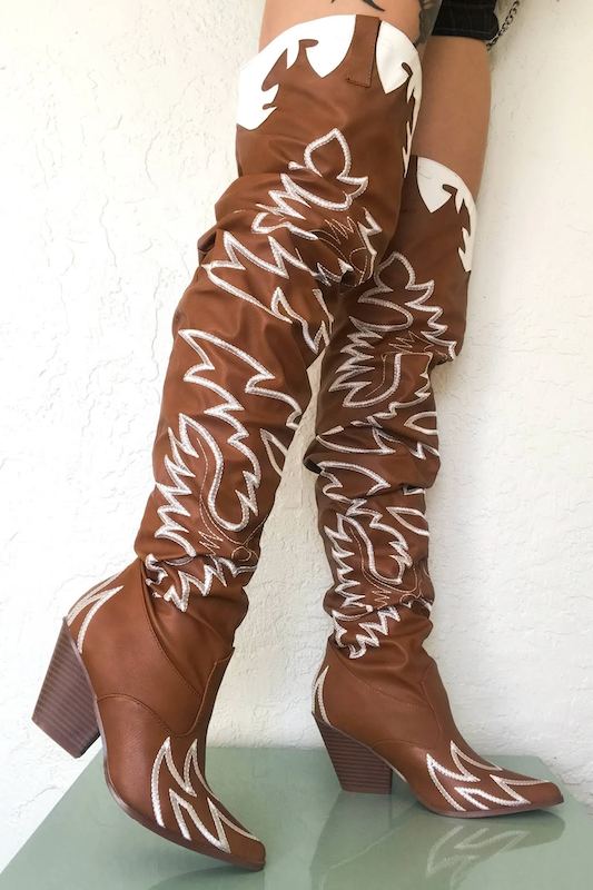 Thigh High Cowgirl Boot with Low Chunky Heel