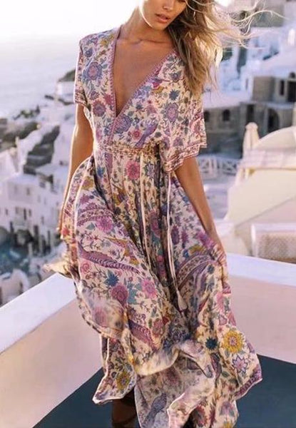 Floral V Neck Short Sleeve Boho Maxi Dress – Sassy Posh