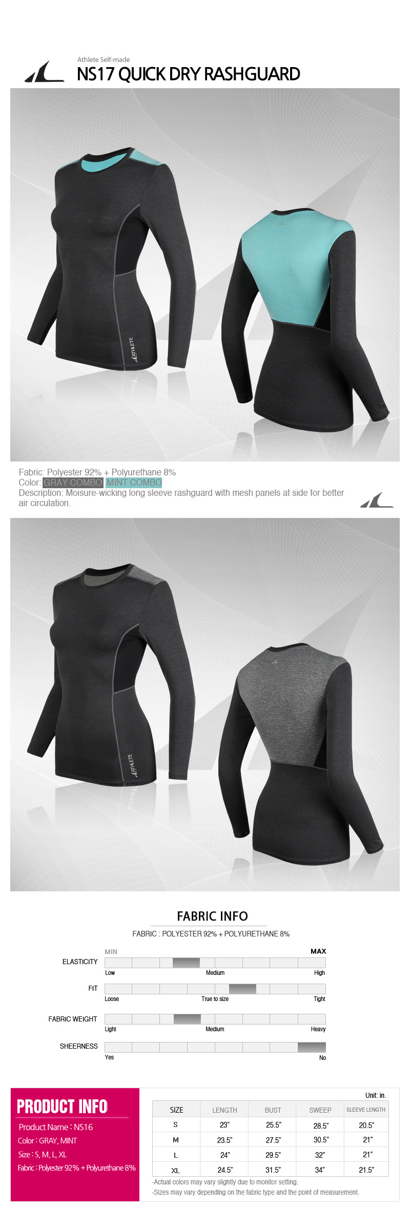 ATHLETE Women's Quick Dry Long Sleeve Rashguard Top, Style NS17