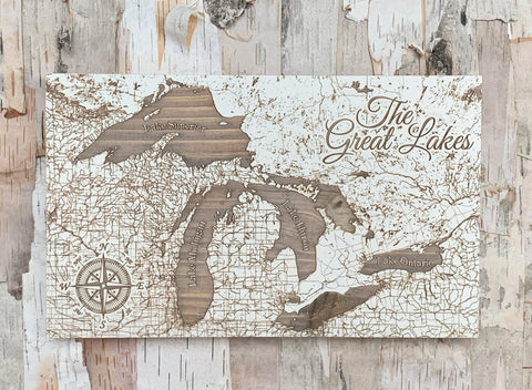 Great Lakes Wooden Map available at Poppins on Mackinac