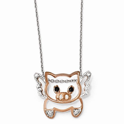 Sterling Silver Rose-Gold Plated CZ Flying Pig 18in. Necklace